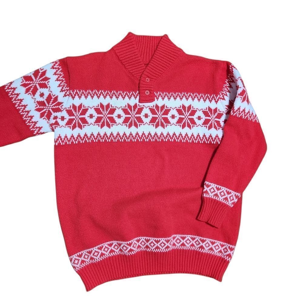 Men's Winter Sweater Large Red White Winter V Neck Fair Isle Nordic Acrylic - Picture 6 of 10